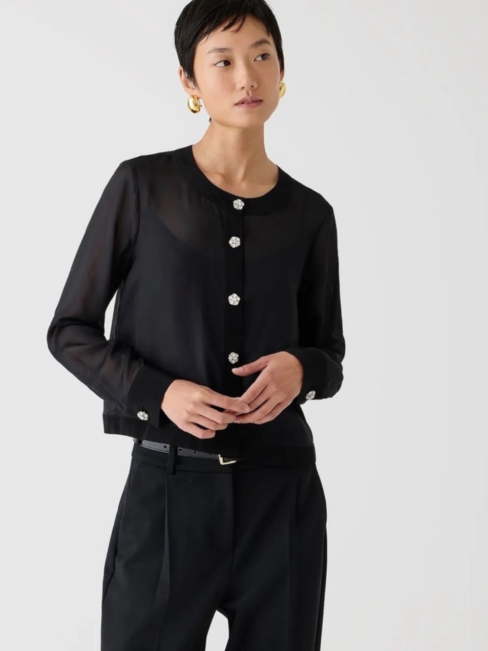 NWOT J. Crew Sheer Button Up Shirt with Jewel Buttons in Organza Blend